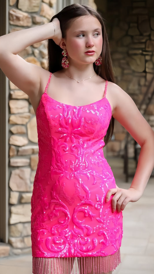 Spaghetti Straps Pink Homecoming Dress With Hem Tassel