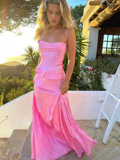 Spaghetti Straps Pink Long Prom Dress