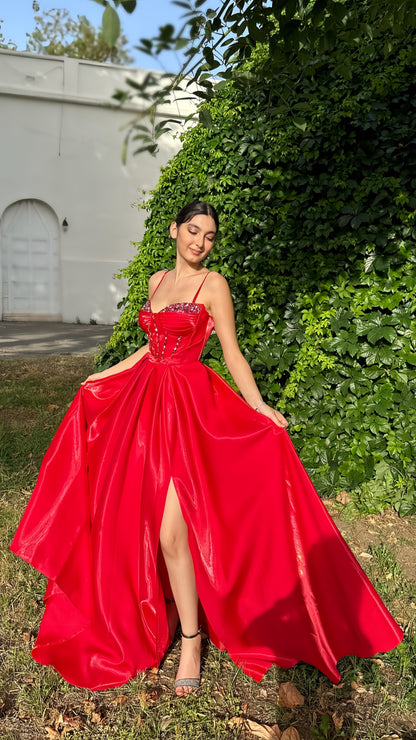 Spaghetti Straps Red A-Line Party Dresses, Beaded Senior Prom Dress