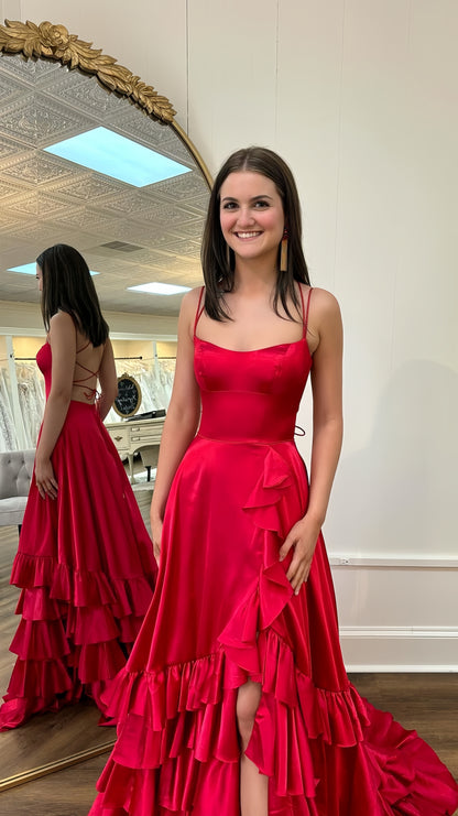 Spaghetti Straps Red Prom Dresses, Ruffles Long Evening Gown