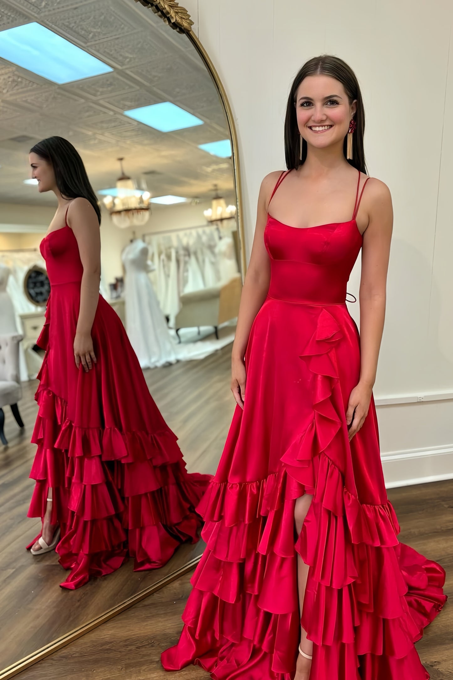 Spaghetti Straps Red Prom Dresses, Ruffles Long Evening Gown