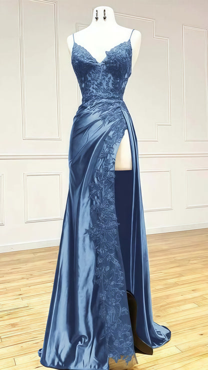 Spaghetti Straps V-neck Prom Dress, Appliques Evening Party Dress