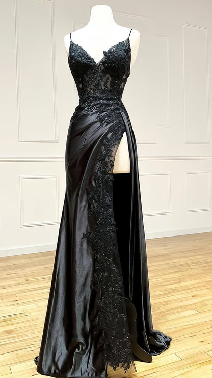 Spaghetti Straps V-neck Prom Dress, Appliques Evening Party Dress