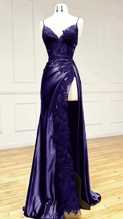 Spaghetti Straps V-neck Prom Dress, Appliques Evening Party Dress