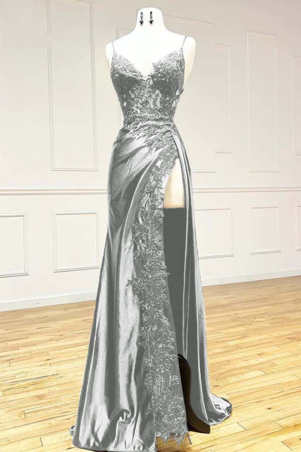 Spaghetti Straps V-neck Prom Dress, Appliques Evening Party Dress