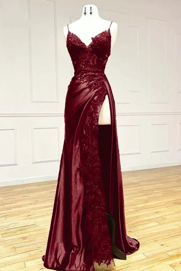 Spaghetti Straps V-neck Prom Dress, Appliques Evening Party Dress