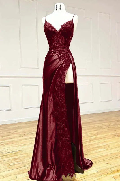 Spaghetti Straps V-neck Prom Dress, Appliques Evening Party Dress