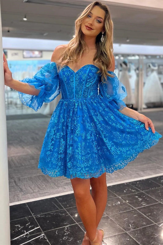 Sparkle Blue Sequin Lace Homecoming Dresses