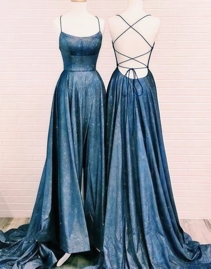 Sparkle Cross Back Prom Dress, A-Line Sleeveless Evening Gown