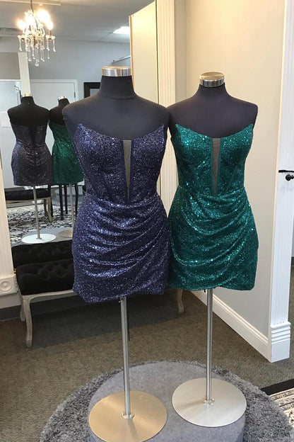 Sparkle Dark Green Sequined Homecoming Dresses Tight V-Neck Mini Cocktail Dress