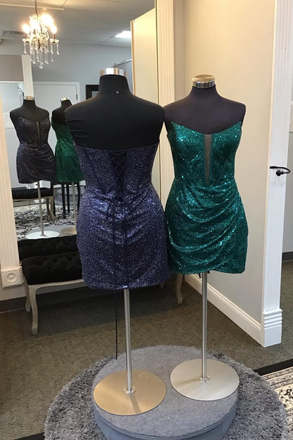 Sparkle Dark Green Sequined Homecoming Dresses Tight V-Neck Mini Cocktail Dress