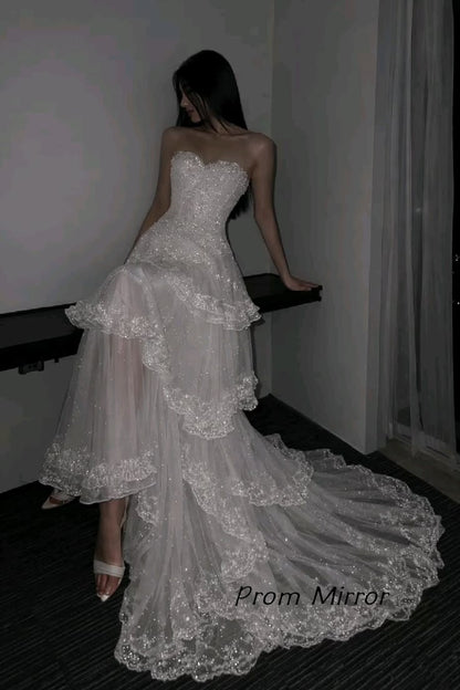 Sparkle White Wedding Dresses Vintage Sweetheart Beaded Lace Ruffle Wedding Gown