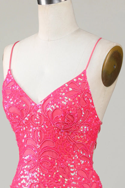 Sparkly Fuchsia Beaded Tight Short Homecoming Dress