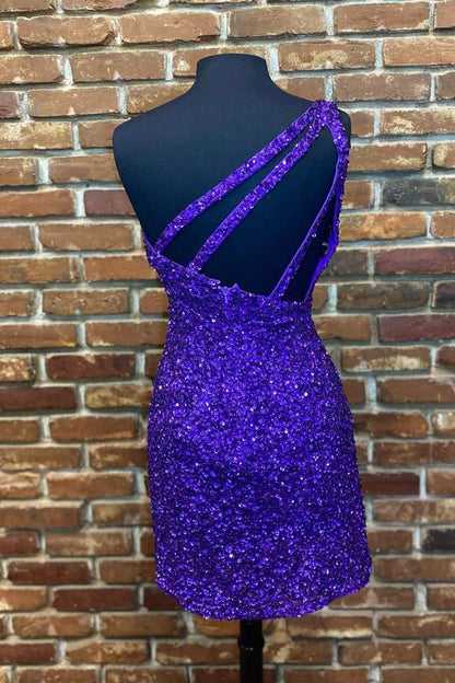Open Back Purple Sequin Bodycon Homecoming Dress Tight Cocktail Dress