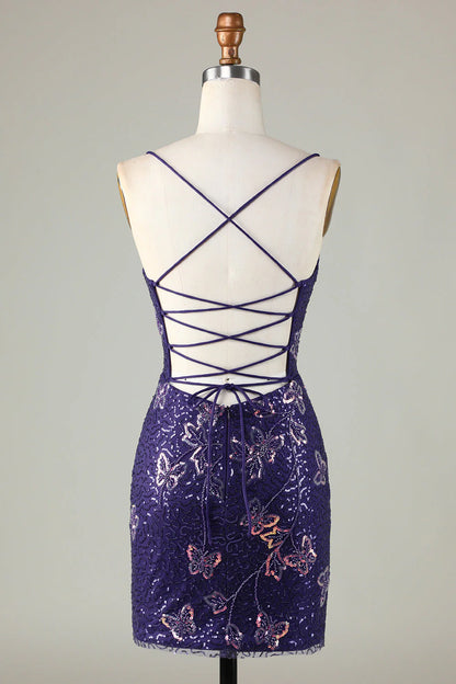 Sparkly Sheath Spaghetti Straps Dark Purple Short Homecoming Dress With Criss Cross Back