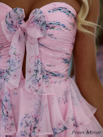 Spring Floral Pink Chiffon Ruffles Homecoming Dresses, Short Prom Dresses