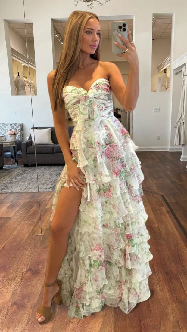Spring Floral Ruffle Chiffon Prom Dress