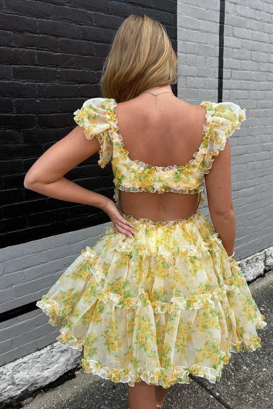 Spring Floral Yellow Chiffon Homecoming Dresses