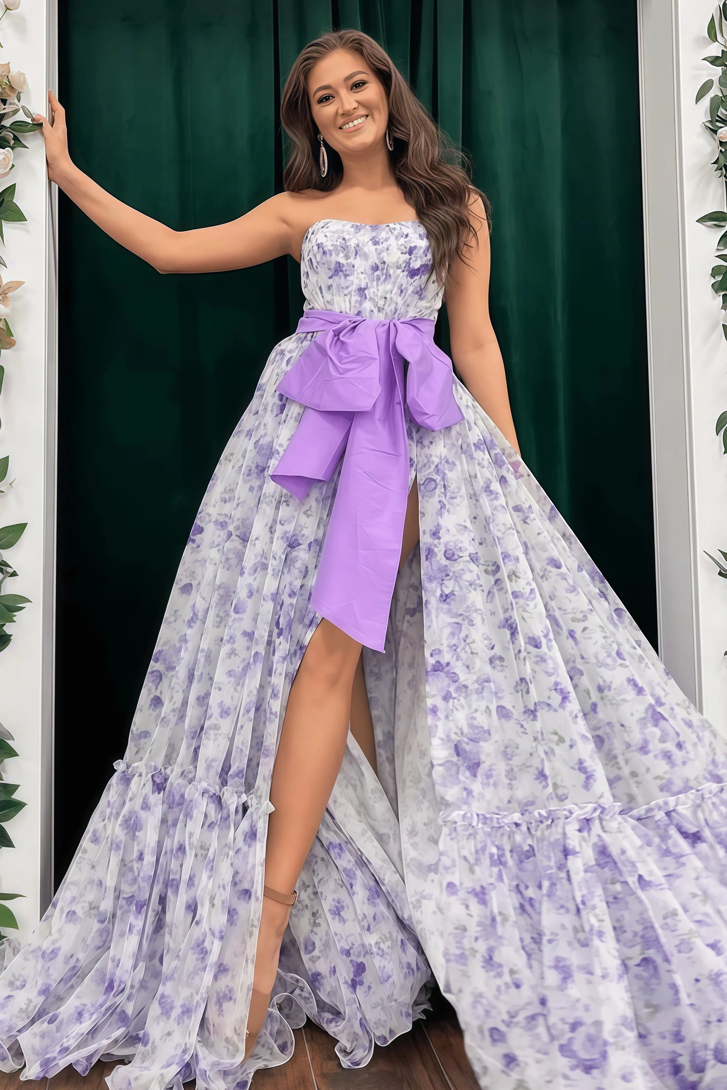 Strapless Floral A-Line Chiffon Prom Dress