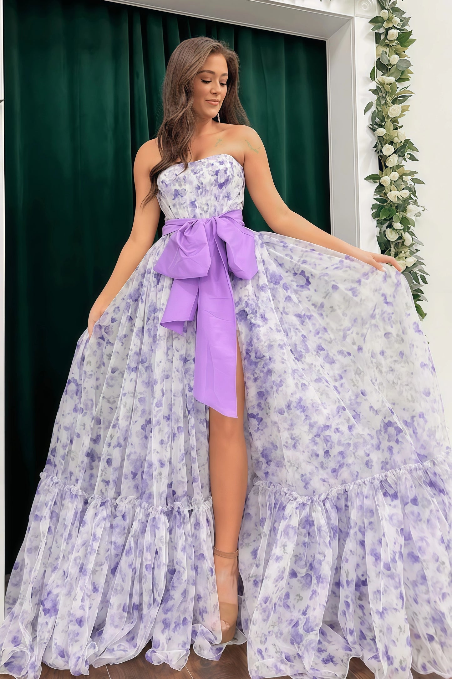 Strapless Floral A-Line Chiffon Prom Dress