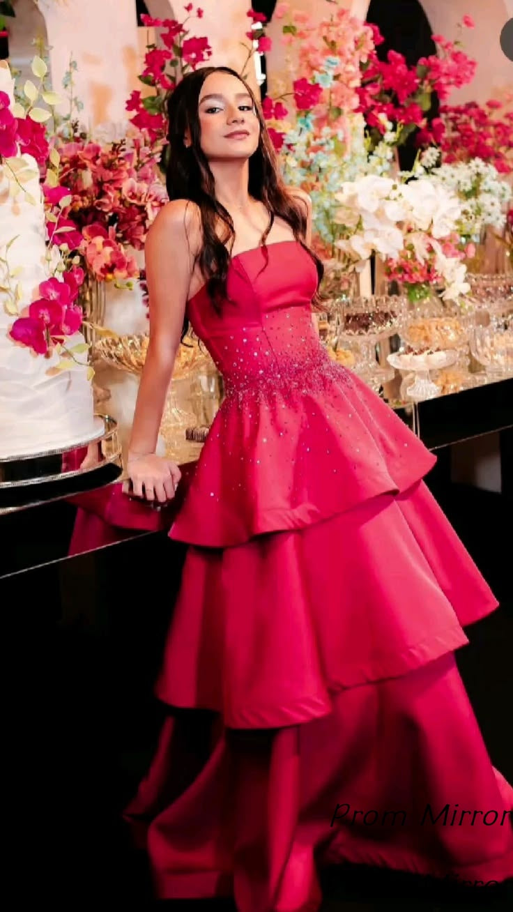 Strapless Hot Pink Appliques Beaded Ruffle Satin Formal Prom Dresses