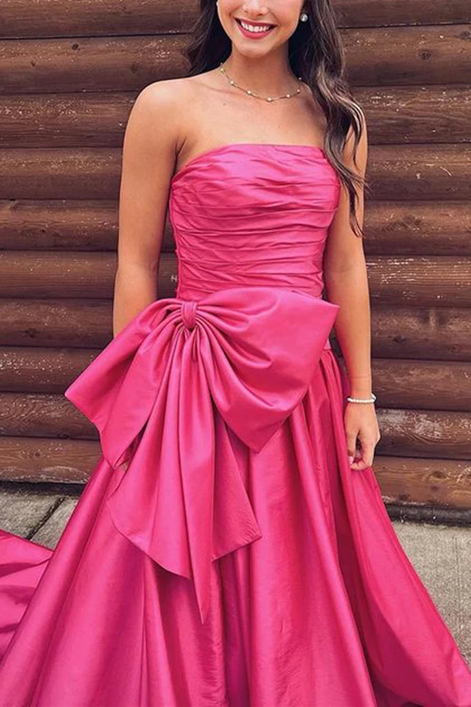 Hot Pink Strapless Satin A-Line Prom Dress With Bowknot