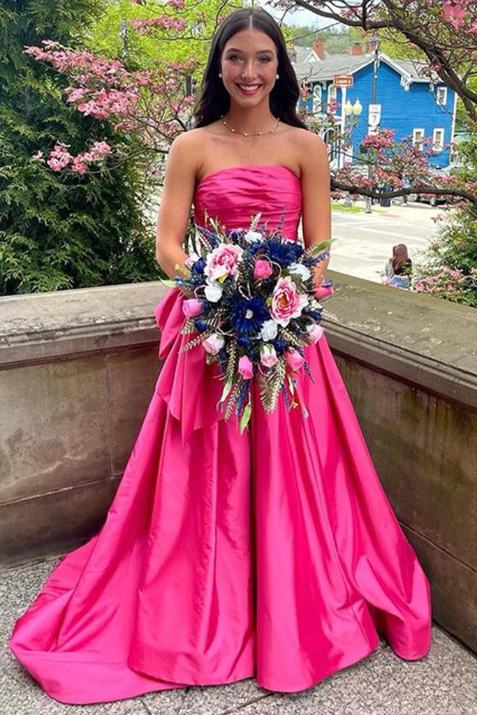 Hot Pink Strapless Satin A-Line Prom Dress With Bowknot