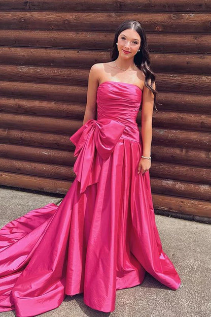 Hot Pink Strapless Satin A-Line Prom Dress With Bowknot