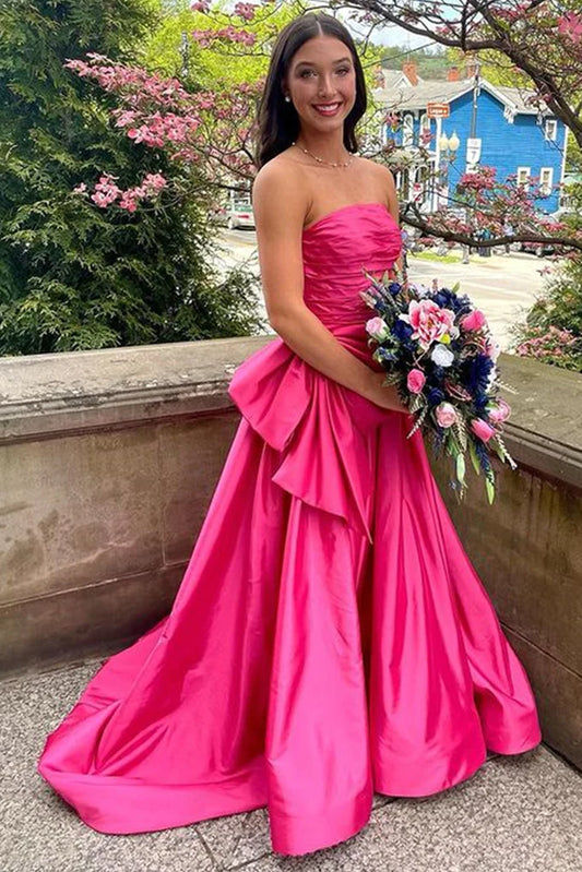 Hot Pink Strapless Satin A-Line Prom Dress With Bowknot