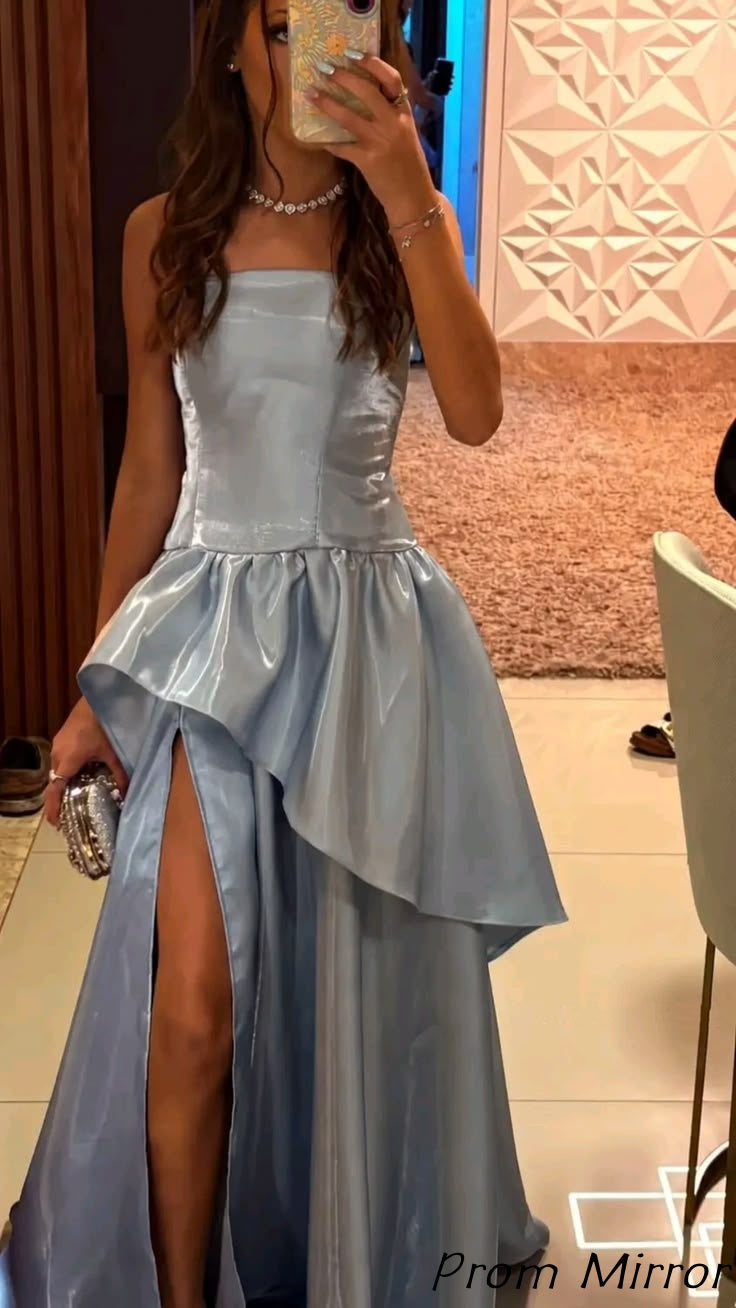 Strapless Light Blue Satin Long Prom Dresses