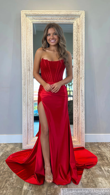 Strapless Mermaid Applique Satin Prom Dress