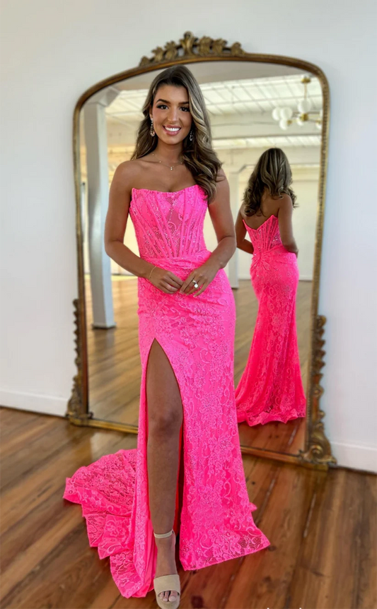 Strapless Mermaid Lace Prom Dress Sleeveless Semi Formal Gown