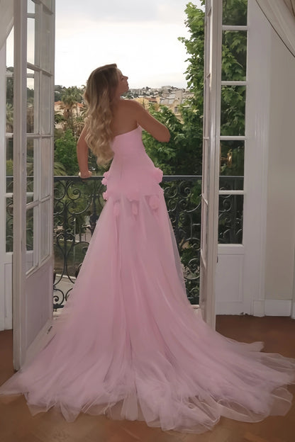 Strapless Pink 3D Floral Long Prom Dresses