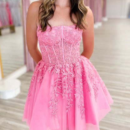 Strapless Pink Applique Homecoming Dress