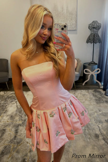 Strapless Pink Beaded Short Homecoming Dresses