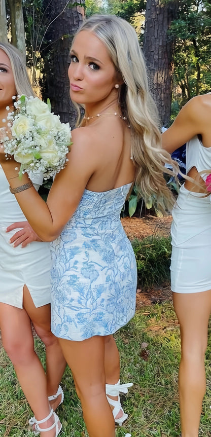 Strapless Printing Homecoming Dresses, Bodycon Party Dress, Short Hoco Dresses