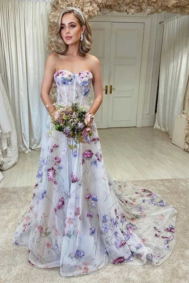Sweetheart Purple Floral Long Prom Dresses, Strapless Long Formal Evening Dresses With Split