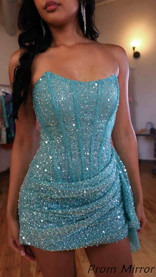 Cute Sky Blue Strapless Bodycon Sequins Homecoming Dress