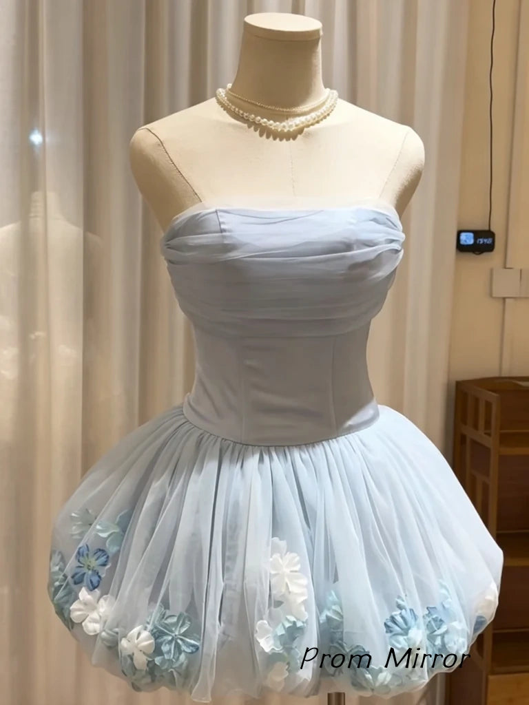 Strapless Short Light Blue Floral Prom Dresses, Short Light Blue Floral Formal Homecoming Dresses