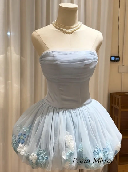 Strapless Short Light Blue Floral Prom Dresses, Short Light Blue Floral Formal Homecoming Dresses