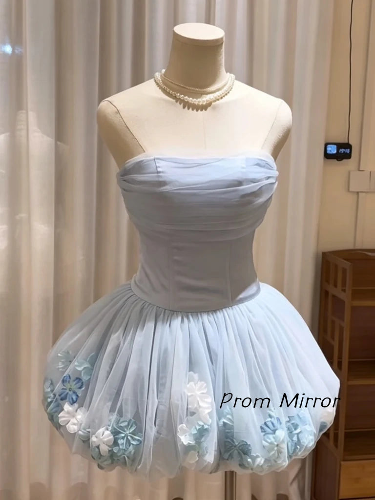 Strapless Short Light Blue Floral Prom Dresses, Short Light Blue Floral Formal Homecoming Dresses