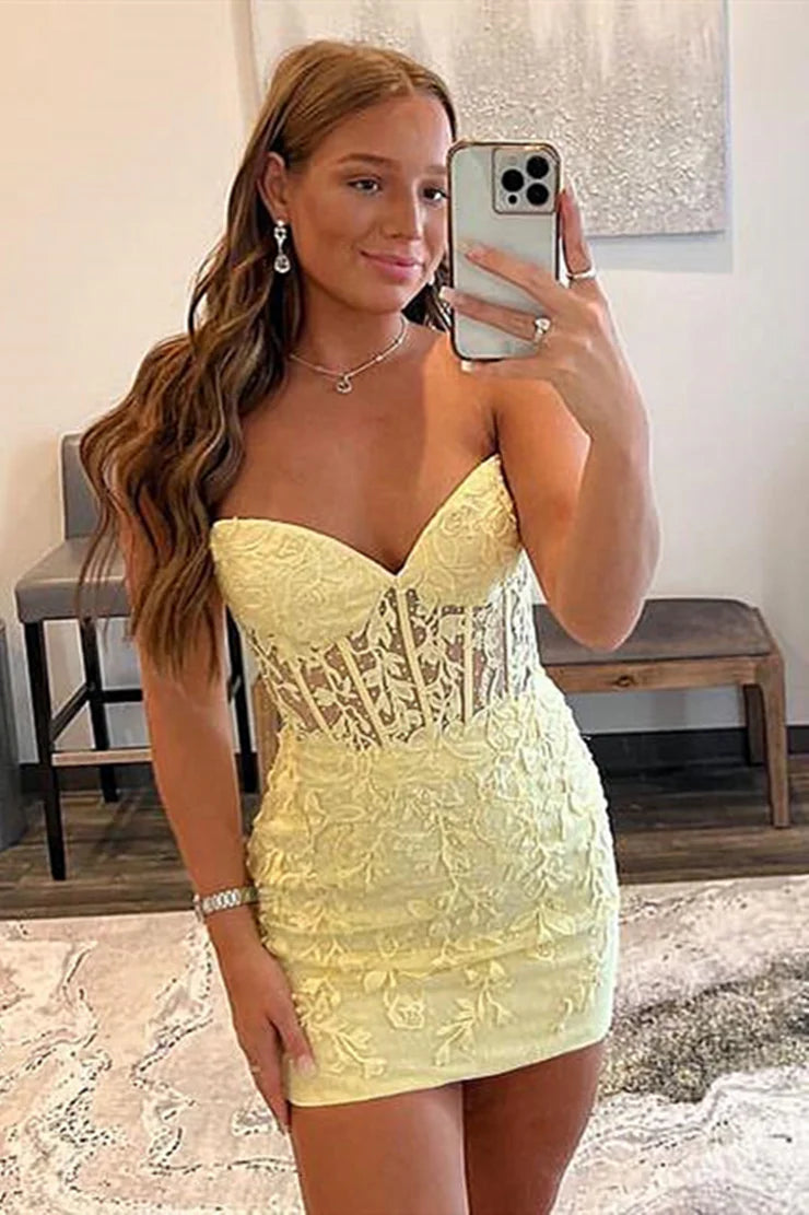 Strapless Short Yellow Lace Homecoming Dresses, Short Yellow Lace Formal Graduation Dresses