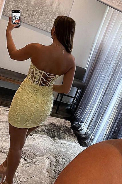 Strapless Short Yellow Lace Homecoming Dresses, Short Yellow Lace Formal Graduation Dresses