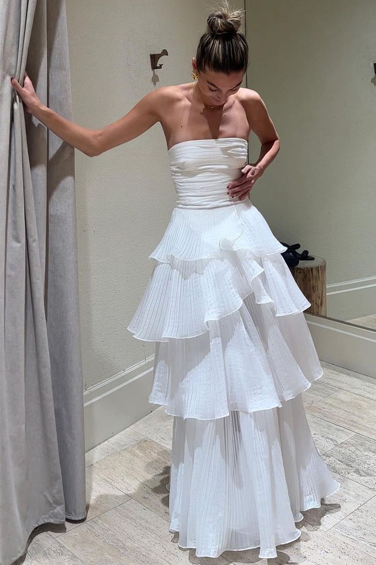 Strapless White Pleated Layers Long Prom Dress Sleeveless Evening Gown