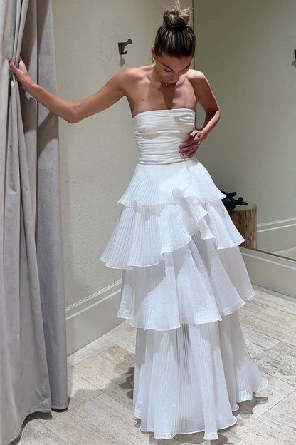 Strapless White Pleated Layers Long Prom Dress Sleeveless Evening Gown