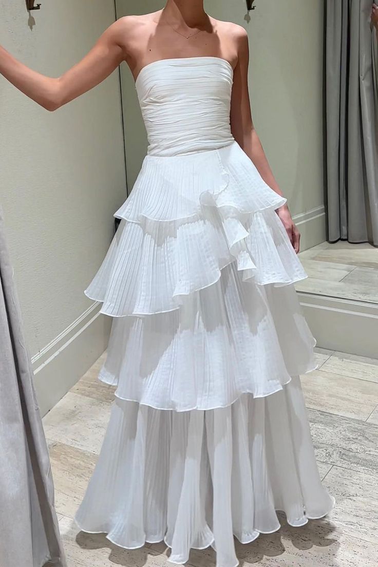 Strapless White Pleated Layers Long Prom Dress Sleeveless Evening Gown