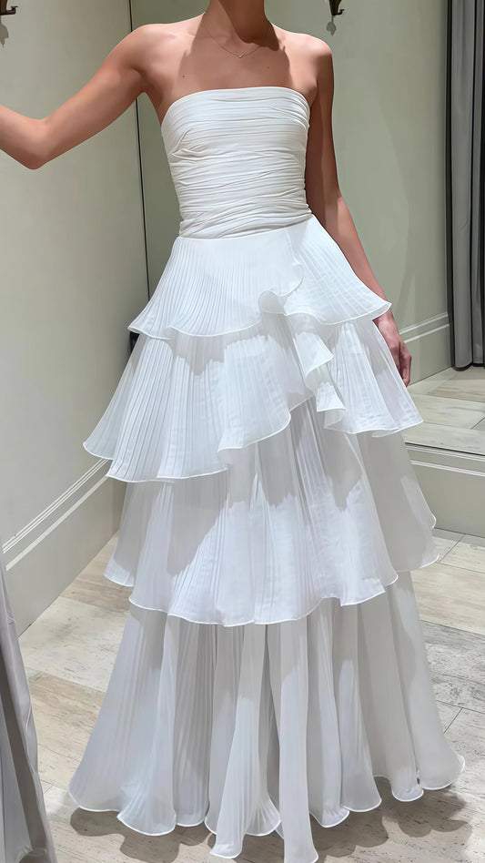 Strapless White Pleated Layers Long Prom Dress Sleeveless Evening Gown