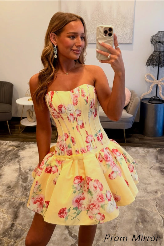 Strapless Yellow Floral Homecoming Dresses