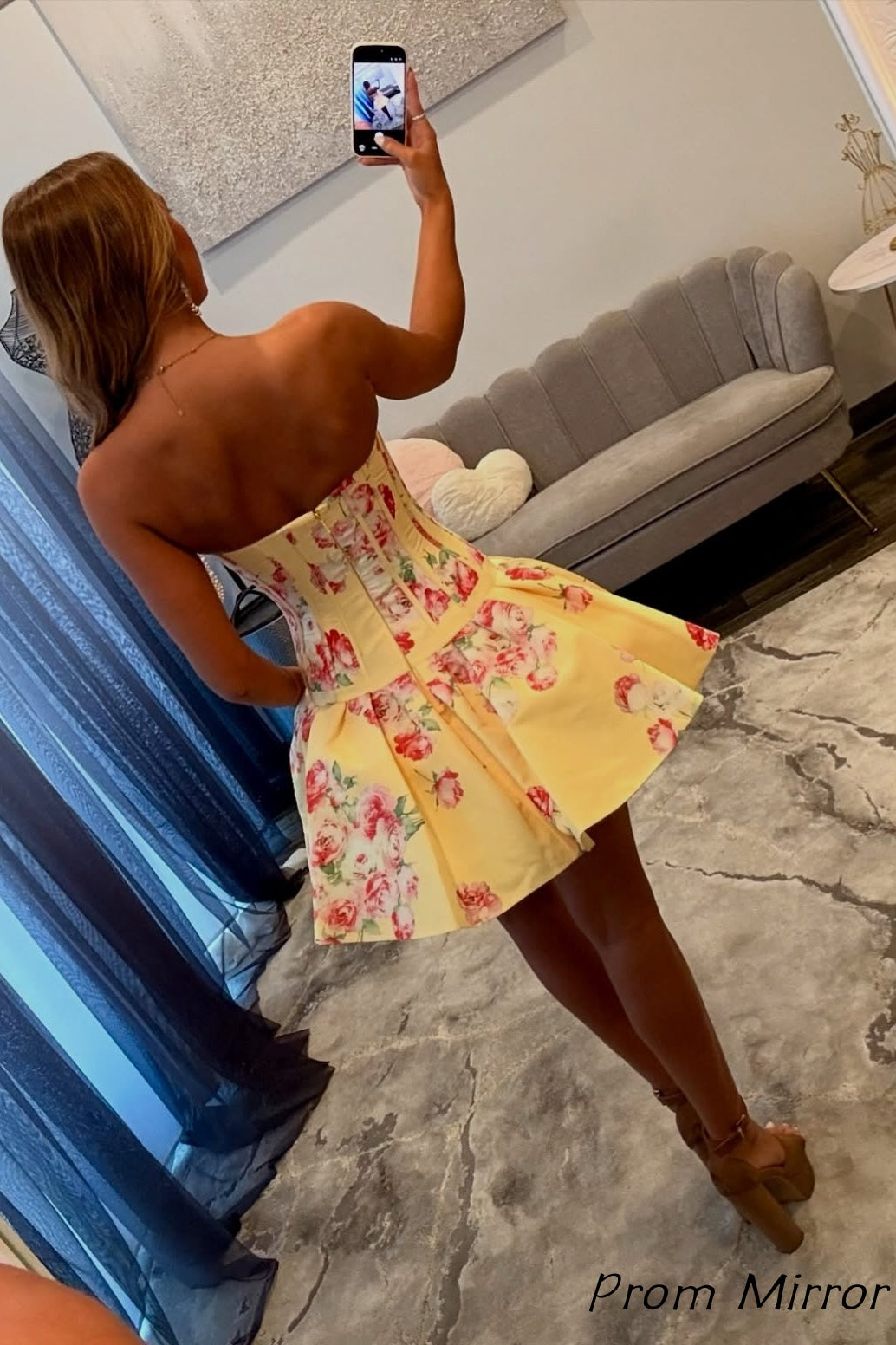 Strapless Yellow Floral Homecoming Dresses