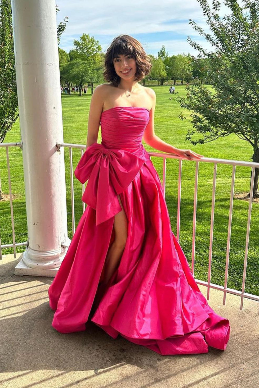 Strapless Fuchsia Ruched Satin Long Prom Dress with Bow